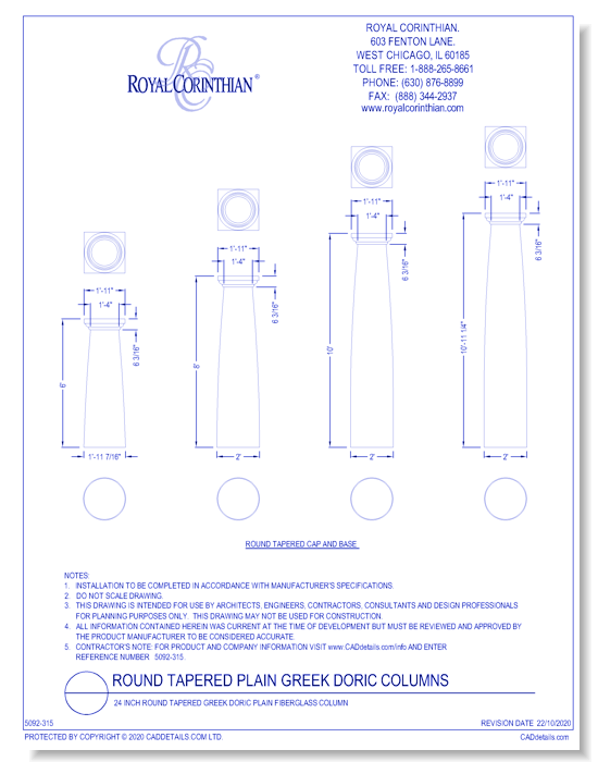 24 Inch Round Tapered Greek Doric Plain Fiberglass Column