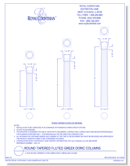 14 Inch Round Tapered Fluted Greek Doric Fiberglass Column