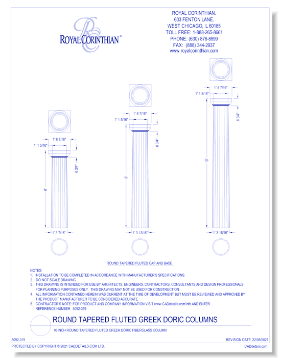 16 Inch Round Tapered Fluted Greek Doric Fiberglass Column