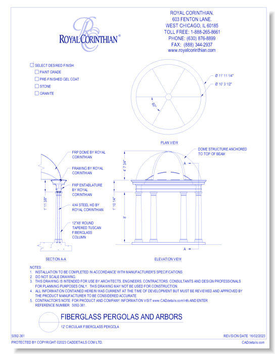 12' Circular Fiberglass Pergola/Rotunda with Dome, Round/square Columns, Free Standing
