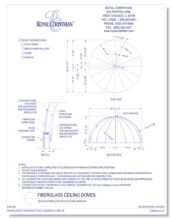 284 Inch Fiberglass Ceiling Dome CD284x144
