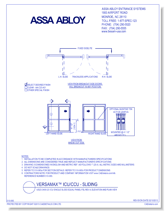 US23-3400-23 ICU Single Slide Equal Panel FSL Rev A, Elevation And Plan View