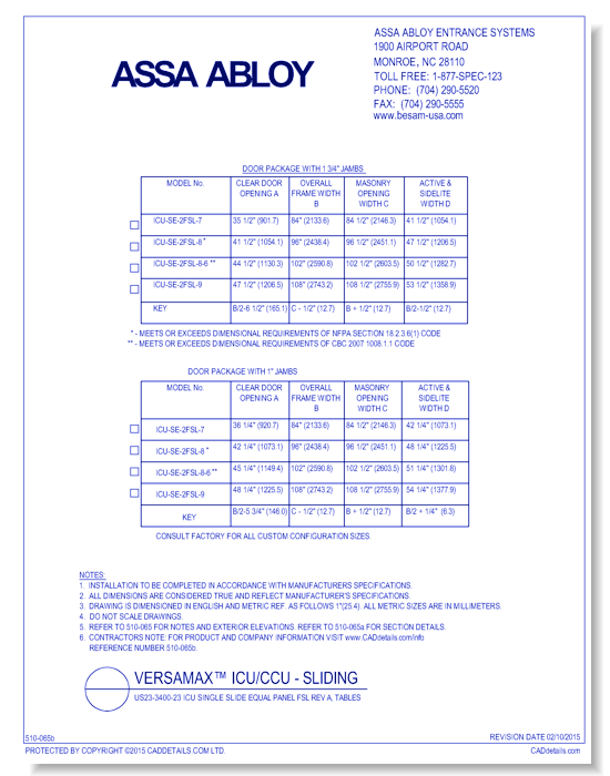 US23-3400-23 ICU Single Slide Equal Panel FSL Rev A, Tables