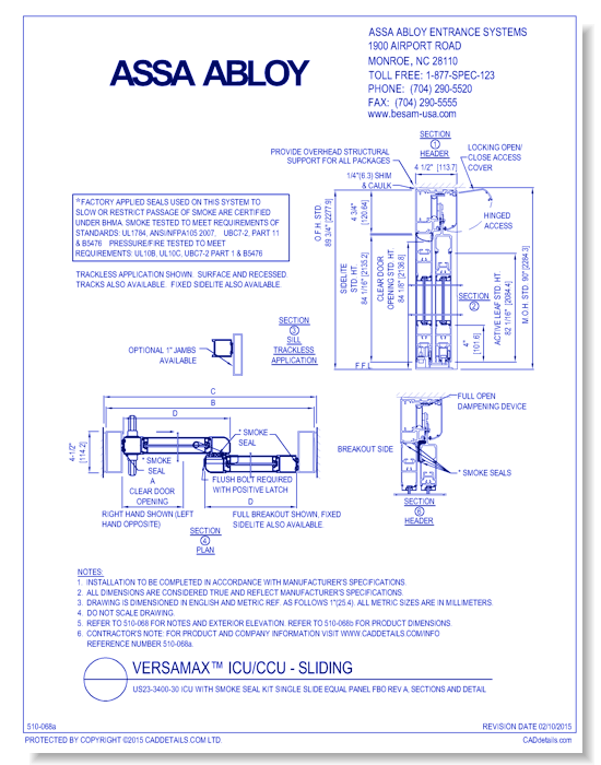 US23-3400-30 ICU With Smoke Seal Kit Single Slide Equal Panel FBO Rev A, Sections And Detail