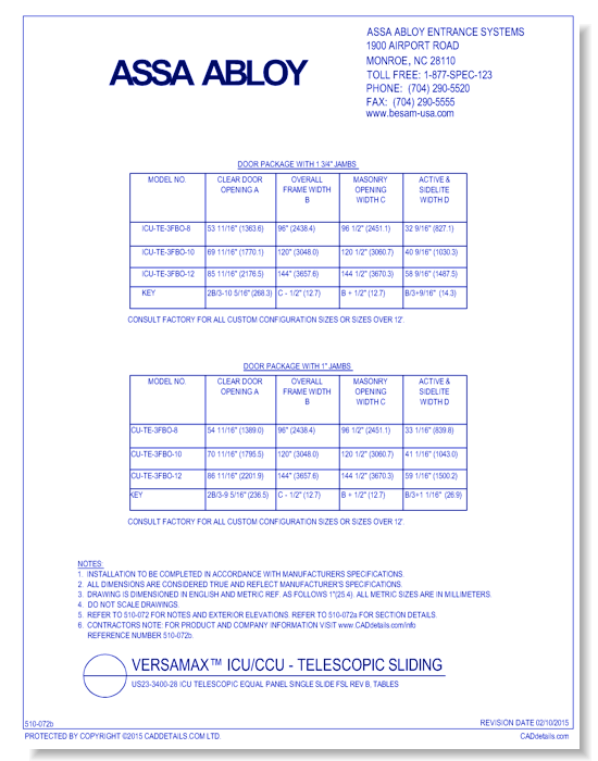 US23-3400-28 ICU Telescopic Equal Panel Single Slide FSL Rev B, Tables