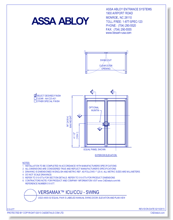 US23-4800-02 Equal Pair S Labeled Manual Swing Door, Elevation And Plan View