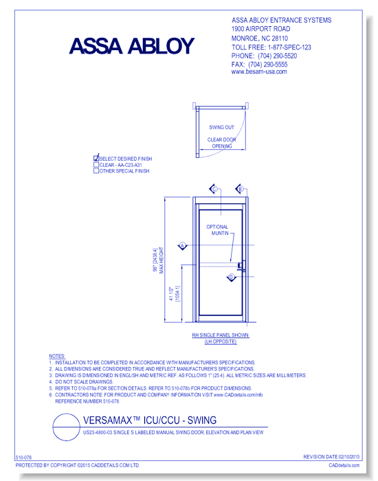 US23-4800-03 Single S Labeled Manual Swing Door, Elevation And Plan View