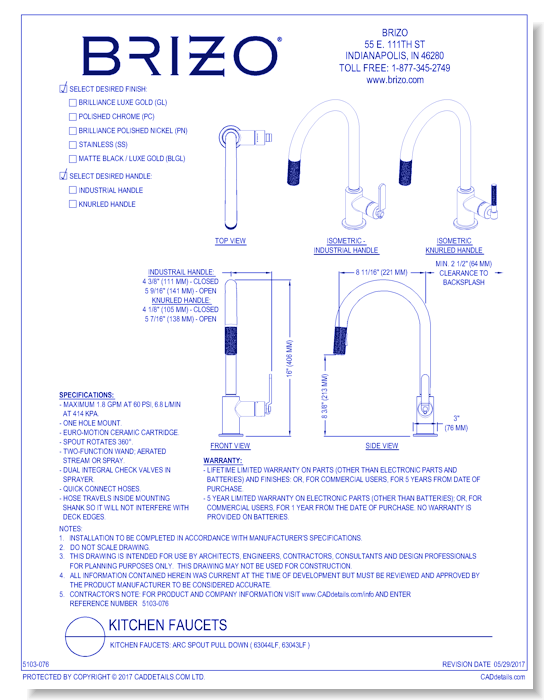 Kitchen Faucets: Arc Spout Pull Down ( 63044LF, 63043LF ) - CADdetails