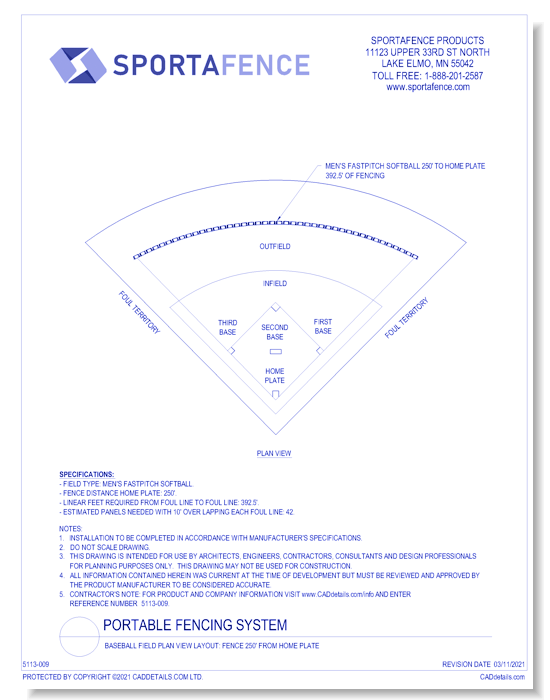 Baseball Field Plan View Layout: Fence 250' From Home Plate