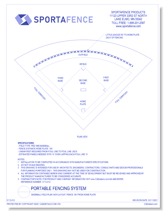 Baseball Field Plan View Layout: Fence 180' From Home Plate