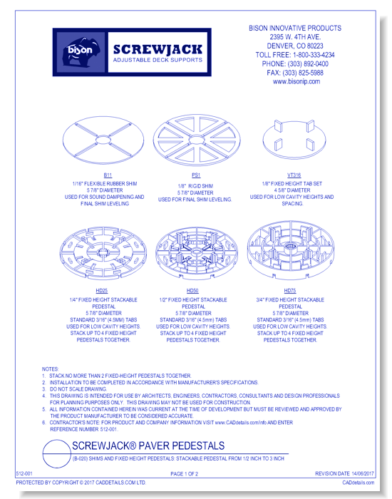 (B-020) Shims and Fixed Height Pedestals: Stackable Pedestal from 1/2 Inch to 3 Inch