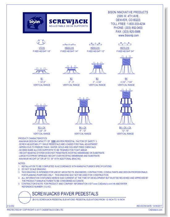 (B-010) ScrewJack Pedestal Elevations: Pedestal Elevations from 1/2 Inch to 16 Inch
