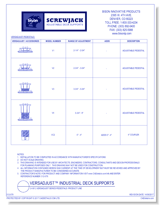 (V-001) Versadjust Series Pedestals: Product Line