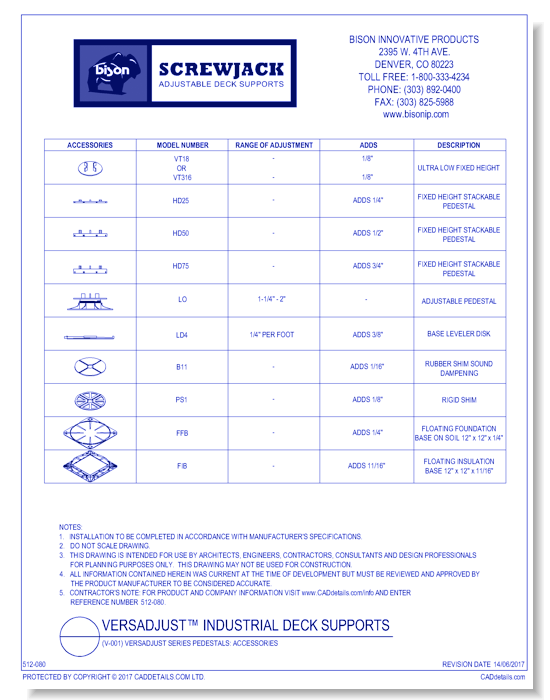 (V-001) Versadjust Series Pedestals: Accessories