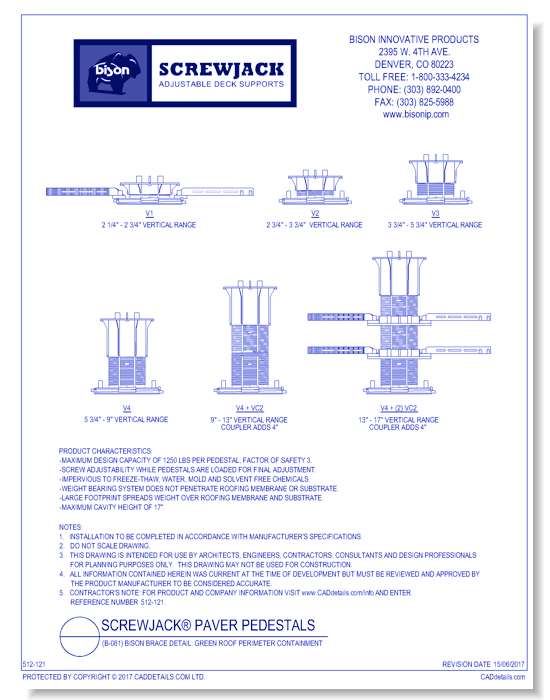 (V-011) Versadjust™ Pedestal Elevations: Elevations from 2-1/4" to 17"