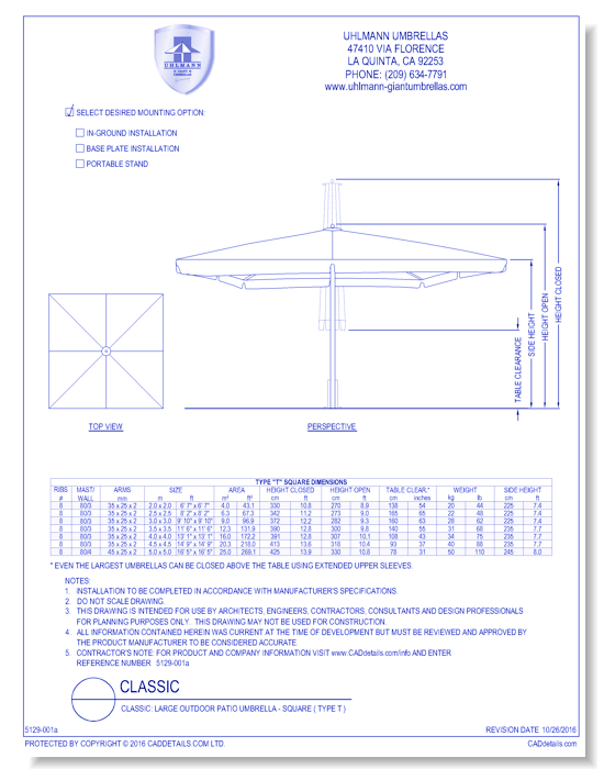 Classic: Large Outdoor Patio Umbrella - Square ( Type T )