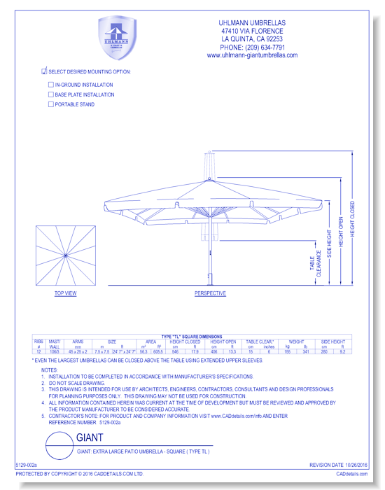 Giant: Extra large Patio Umbrella - Square ( Type TL )