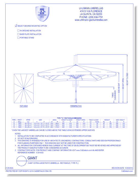 Giant: Extra large Patio Umbrella - Rectangle ( Type TL )