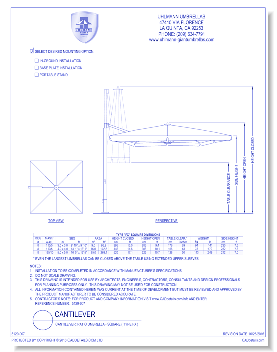 Cantilever: Patio Umbrella - Square ( Type FX )
