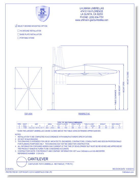 Cantilever: Patio Umbrella - Rectangle ( Type FX )