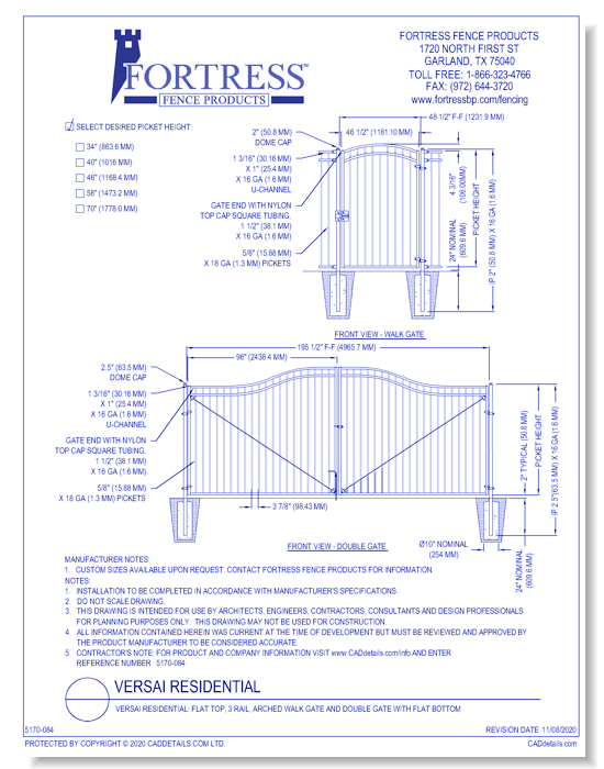 Versai Residential: Flat Top, 3 Rail, Arched Walk Gate and Double Gate with Flat Bottom