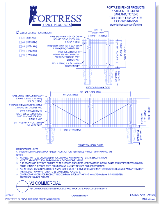 V2 Commercial: Extended Picket, 3 Rail, Walk Gate and Double Gate 34-70