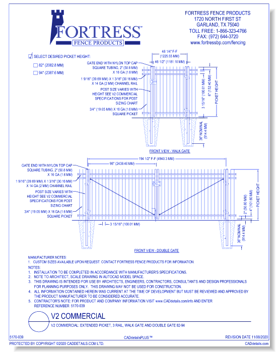 V2 Commercial: Extended Picket, 3 Rail, Walk Gate and Double Gate 82-94