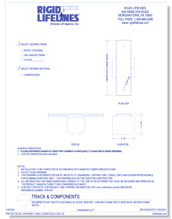 600 Series Plain Track Flush-Parallel Mount Bracket, Varying Flange Width (605P-08.00 Varying Flange Width)
