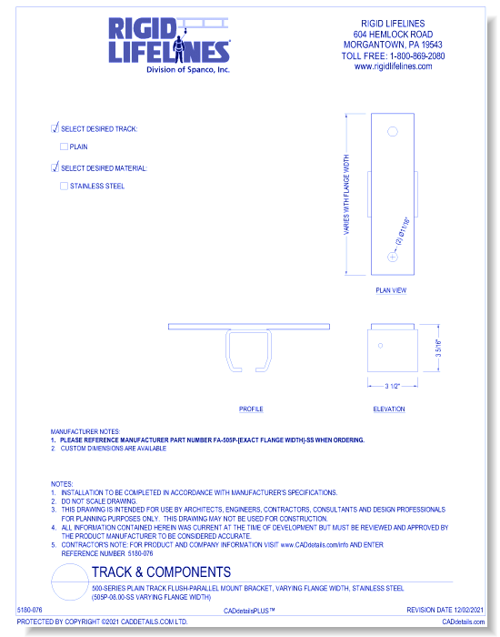 500 Series Plain Track Flush-Parallel Mount Bracket, Varying Flange Width, Stainless Steel (505P-08.00-SS Varying Flange Width)