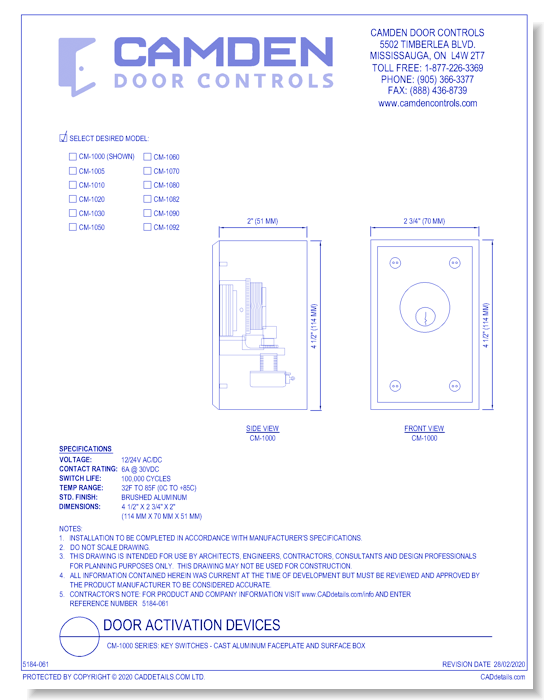  CM-1000 Series: Key Switches - Cast Aluminum Faceplate and Surface Box