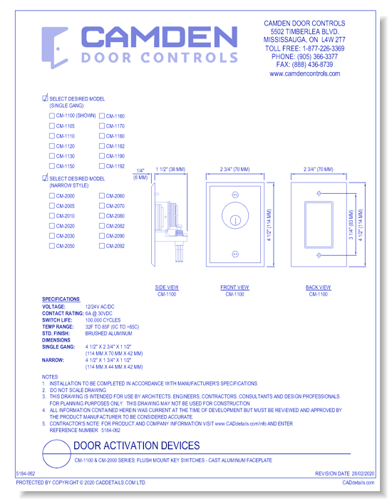 CM-1100 & CM-2000 Series: Flush Mount Key Switches - Cast Aluminum Faceplate