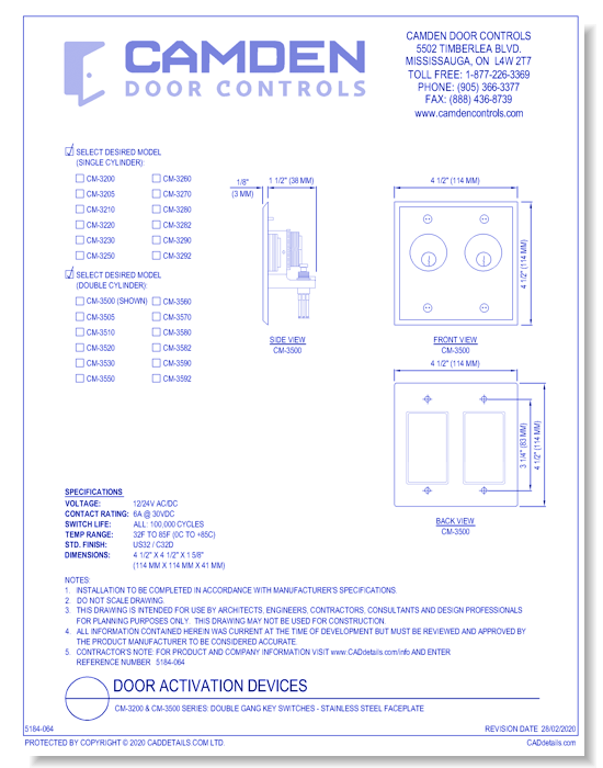 CM-3200 & CM-3500 Series: Double Gang Key Switches - Stainless Steel Faceplate