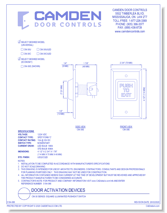 CM-30 Series: Square Illuminated Push/Exit Switch