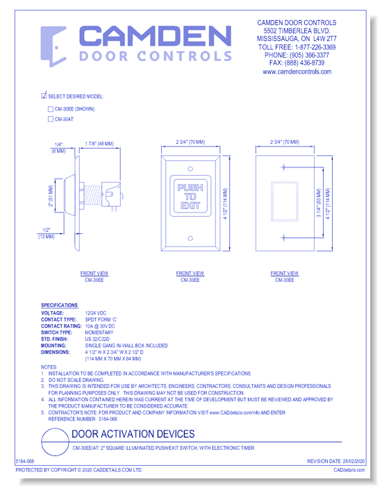 CM-30EE/AT: 2" Square Illuminated Push/Exit Switch, with electronic timer