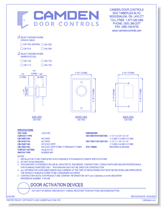 CM-7000/7100 Series: Medium Duty Vandal Resistant Push Buttons (Recessed Button)