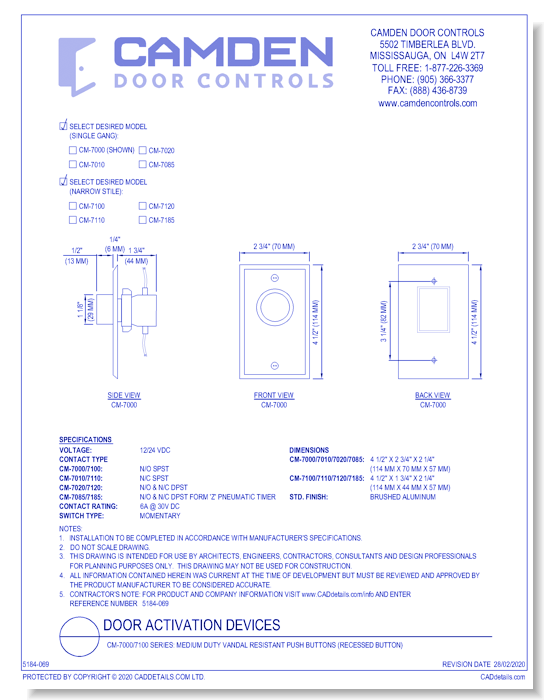  CM-7000/7100 Series: Medium Duty Vandal Resistant Push Buttons (Recessed Button)