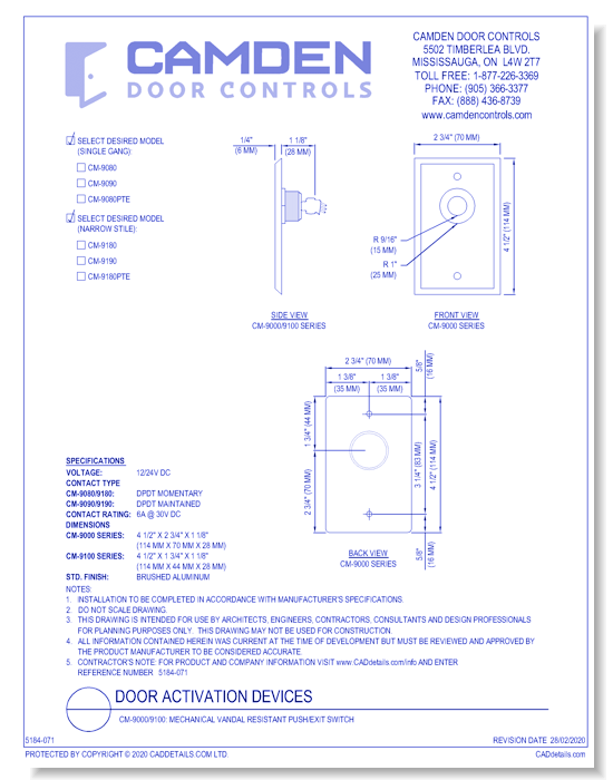 CM-9000/9100: Mechanical Vandal Resistant Push/Exit Switch