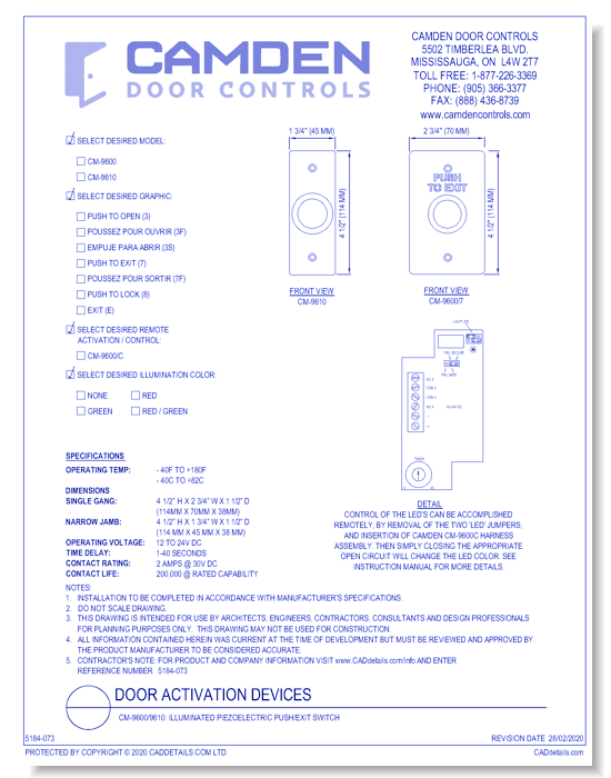 CM-9600/9610: Illuminated Piezoelectric Push/Exit Switch