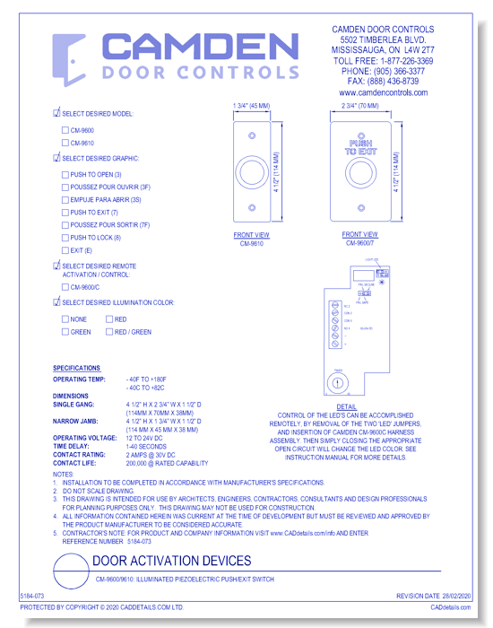  CM-9600/9610: Illuminated Piezoelectric Push/Exit Switch