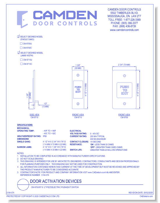 CM-9700/9710: 2" Piezoelectric Push/Exit Switch