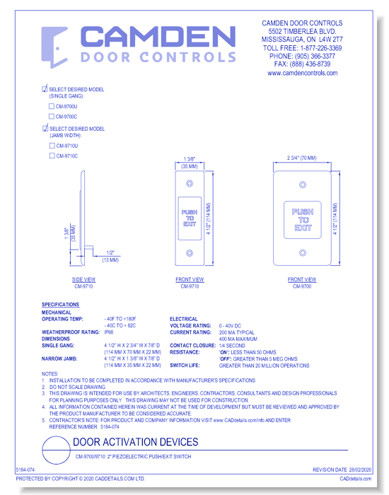  CM-9700/9710: 2" Piezoelectric Push/Exit Switch