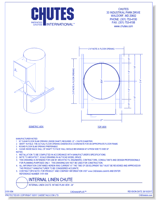 Internal Linen Chute: Intake Plan View - 24"