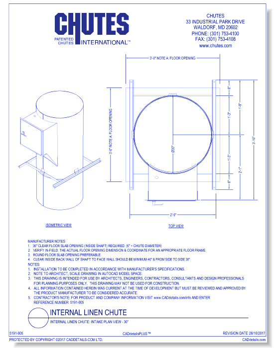 Internal Linen Chute: Intake Plan View - 30"