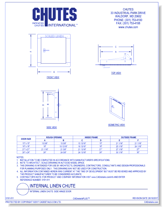 Internal Linen Chute: Side Hinge Door