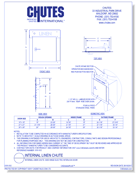 Internal Linen Chute: Side Hinge Electric Interlock Door