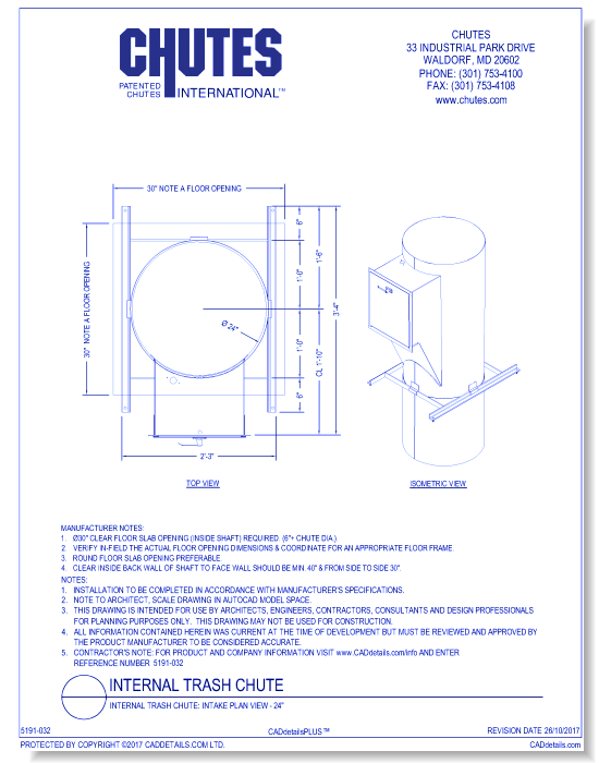 Internal Trash Chute: Intake Plan View - 24"