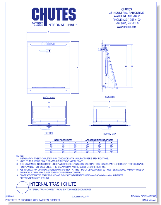 Internal Trash Chute: Typical Bottom Hinge Door Series