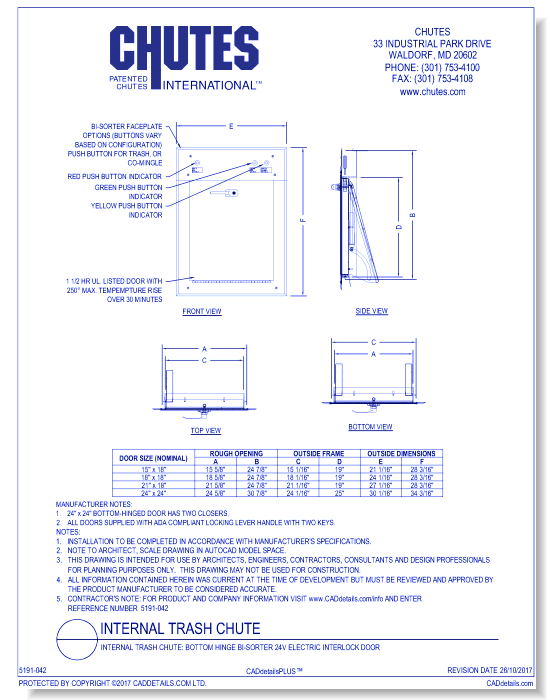 Internal Trash Chute: Bottom Hinge Bi-Sorter 24V Electric Interlock Door