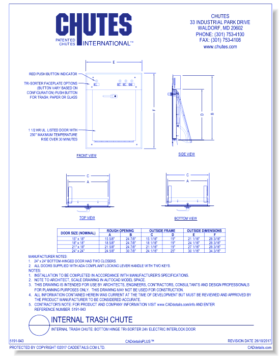 Internal Trash Chute: Bottom Hinge Tri-Sorter 24V Electric Interlock Door