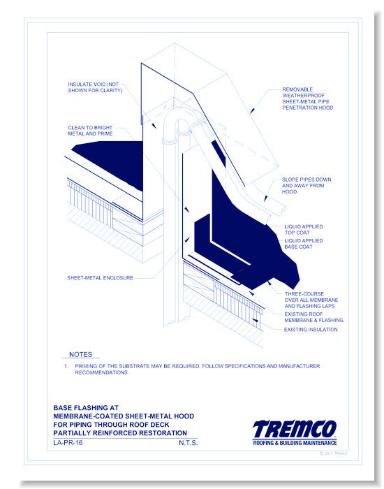 LA-PR-16: Base Flashing at Membrane-Coated Sheet-Metal Hood for Piping Through Roof Deck